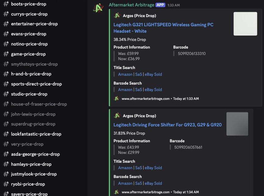 Price drop monitor channels and live alerts inside the Aftermarket Arbitrage Discord
