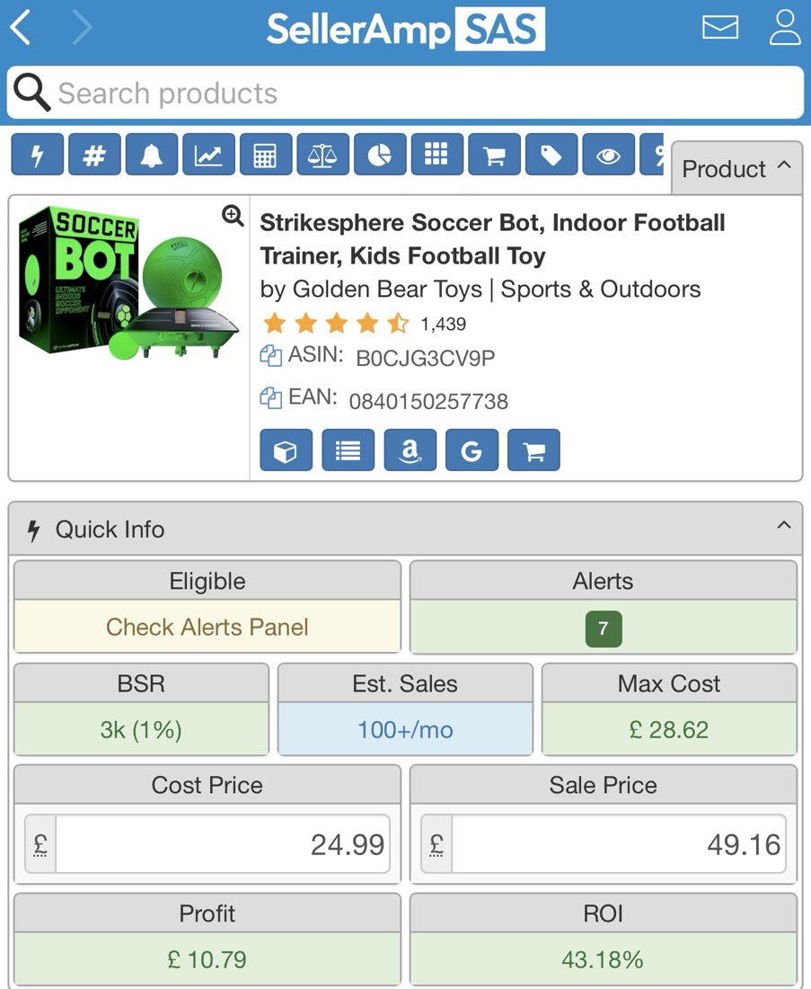 SellerAmp SAS: Strikesphere Soccer Bot, cost &pound;24.99, sale &pound;49.16, profit &pound;10.79, ROI 43.18%